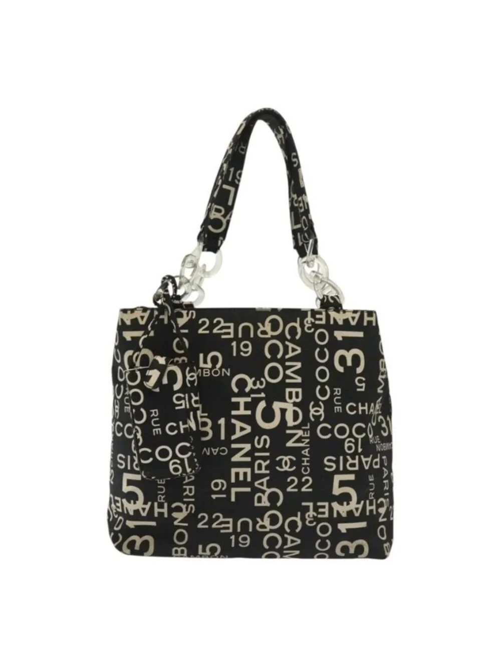 Authentic CHANEL Bysy Line Shoulder Bag Canvas Black Silver CC